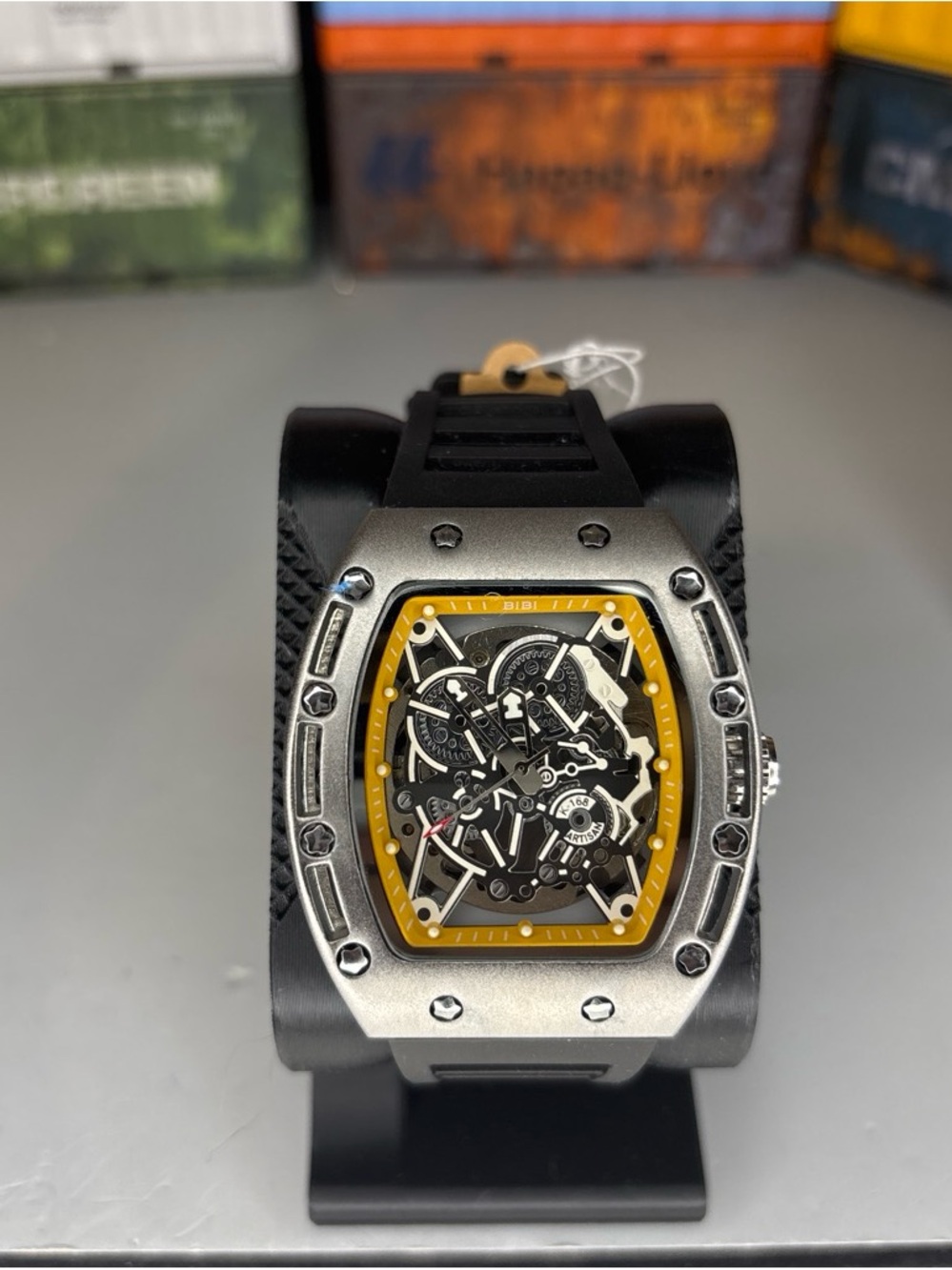 BiBi Automatic Men's Black and Yellow Skeleton Dial Sport Watch